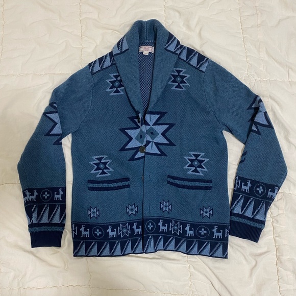 Wallace & Barnes Blue Reindeer Cardigan Sweater 100% Cotton size S - Picture 2 of 4